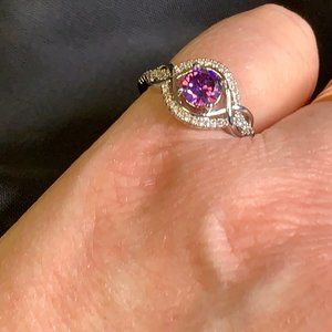 Delicate Silver Tone Ring with Purple Amethyst Colored Stone Size 7 1/2